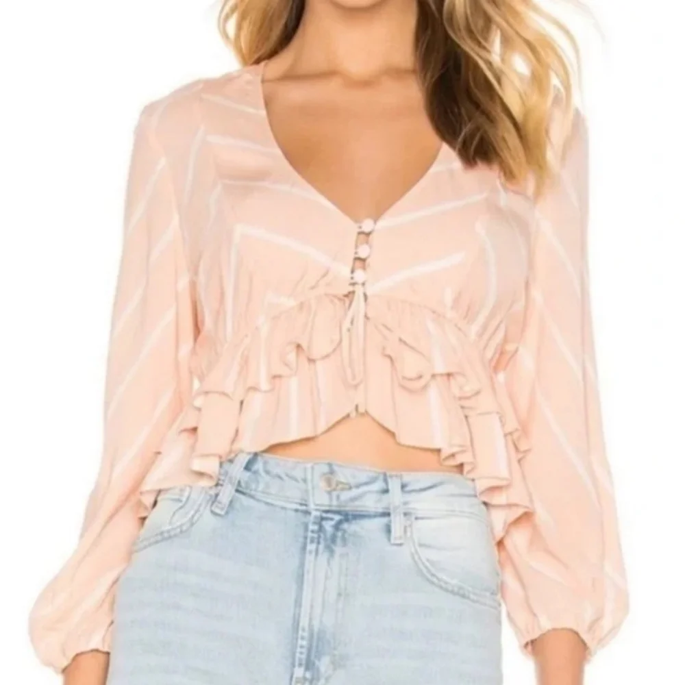 Free People Pink Puff Sleeve Crop Blouse